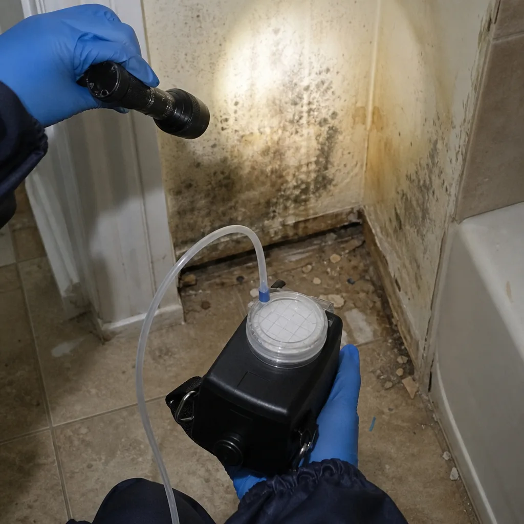 Professional mold inspector using air sampling equipment to test for mold