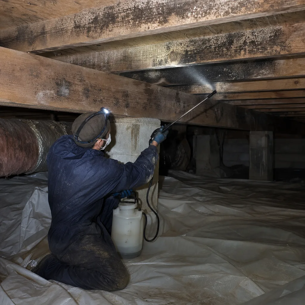 Technician performing professional mold remediation on crawlspace floor joists